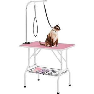 Yaheetech Draagbare huisdierverzorgingstafel, hondenverzorgingstafel voor huishoudelijk baden, haardroog en trimtafel met netmand voor honden/katten, zwart, in hoogte verstelbaar roze