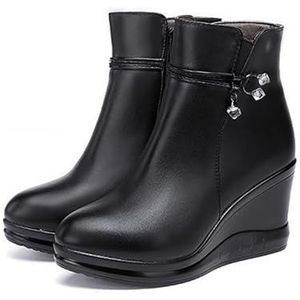 Winter Enkellaarzen Met Pluche Dames Vintage Sleehak Enkellaarzen PU Lederen Korte Laarzen Met Strass Gesp Platform Snowboots Warme Katoenen Schoenen for Buiten, Feest (Color : Black, Size : 37 EU)