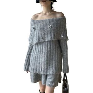 MLSHWUG Dames Retro Off-Shoulder 3D Bloemen Pailletten Trui En Rok 2-Delige Set,Grijs,One Size