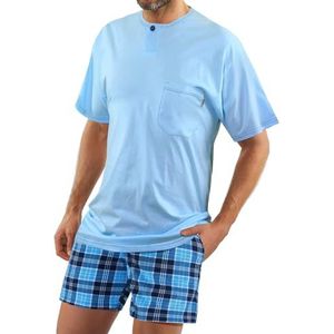 sesto senso Herenpyjama, korte pyjama, katoen, korte mouwen, T-shirt, pyjamabroek, tweedelige set, T-shirt - lichtblauw; broek - wit en blauw geruit, M