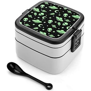 Green Aliens UFO Bento Lunch Box Dubbellaags All-in-One Stapelbare Lunch Container Inclusief Lepel met Handvat