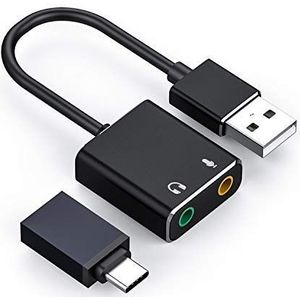 USB-audio-adapter, externe stereogeluidskaart met 3,5 mm hoofdtelefoon en microfoonaansluiting, geschikt voor Windows, Mac, Linux, PC, mobiele telefoon, laptop, desktop (met Type-C-adapter)