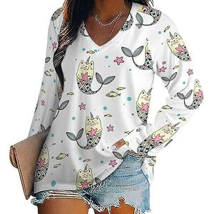 Grappige kat zeemeermin vrouwen casual lange mouw T-shirts V-hals gedrukte grafische blouses Tee Tops L