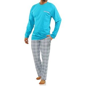 sesto senso Herenpyjama, lang, katoen, pyjama, lange mouwen, shirt, pyjamabroek met zak, Shirt - turquoise; geruite broek, L