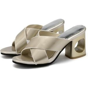 WOkismD 2.7IN Dames Open Toed Grove Hak Sandalen Kruisband Slip in Slippers Jurk,Goud,34 EU