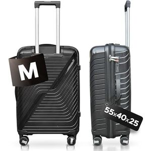 DS-Lux Hoogwaardige reiskoffer, harde koffer, trolley, rolkoffer, handbagage, ABS-kunststof met TSA-slot, 4 spinner-wielen, (S-M-L-set), Zwart V3, Medium, koffer