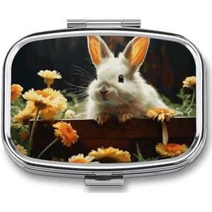 Konijn en bloem pillenetui met 2 compartimenten, pillenorganizer, draagbare vierkante pillendoos, vitaminepillenorganizer voor zakportemonnee en reizen
