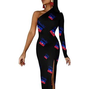 Haïtiaanse vlag voor dames, halflange mouwen, avondjurk, feestjurk, cocktailjurk, split, bodycon jurk, XS