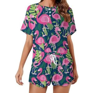 Palm Bladeren Flamingo Zachte Womens Pyjama Korte Mouw Pyjama Loungewear met Zakken Gift voor Thuis Strand 4XL
