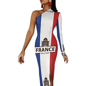 Frankrijk Welkom Vlag Dames Halve Mouw Jurk Avondfeest Lange Jurken Cocktail Split Bodycon Jurk XS