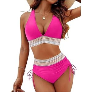 Bikinisets met hoge taille for dames, tweedelig badpak met trekkoord, badpakken met buikcorrectie, badpakken for op het strand(Rose red,4XL)
