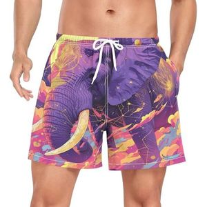 Space Elephant Animal Purple Zwembroek voor heren, sneldrogend, met zakken, Leuke mode, XL