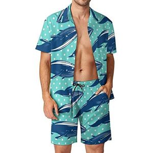 Blauwe walvissen witte stip Hawaiiaanse sets voor mannen button down korte mouw trainingspak strand outfits M