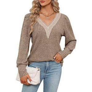 Damestrui, casual, comfortabel, geribbeld, lange mouwen, met kant en V-hals, elegante damesblouse voor dagelijks gebruik, Kaki, L