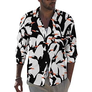Schattige pinguïns heren revers shirt lange mouw button down print blouse zomer zak T-shirts tops XL