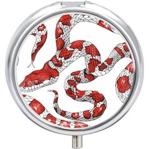 Ronde pillendoos draagbare houder organisator pillendoosje mini metalen medicijndoos rood en wit slang bedrukte medicijnpillendispenser drie compartimenten voor zak of portemonnee