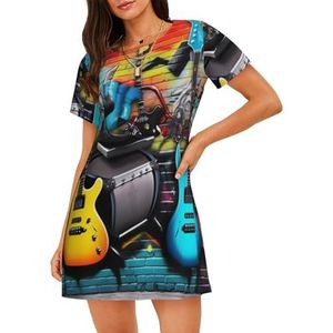 Damesnachthemd met korte mouwen, nachthemd met gitaarschilderij, 3D-print, zachte comfortabele casual nachtkleding, ademend en lichtgewicht zomerslaapshirt, 3 D, S