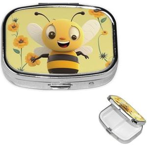 Pillendoosje met spiegel, kleine pillenorganizer, 2 compartimenten, Happy Bee Travel Pillendoosje voor portemonnee of zak, draagbare pillencontainer, schattige medicijnorganizer