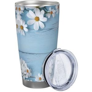 VTCTOASY Bloemen Lichtblauw Hout Print Geïsoleerde Cup 20oz Met Deksel En Stro Koffie Mok Rvs Reizen Mokken Voor Vrouwen Mannen