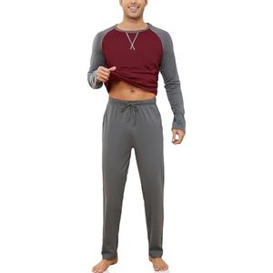 Heren Pyjama Lang Kotoen, Winter Katoenen Tweedelige Pyjama Set Top & Bottom met Zakken en Zachte Riem Nachtkleding Pjs Sleepwear