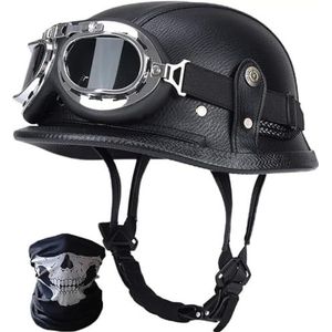 Vintage Duitse Motorfiets Halve Helmen Halve Schaal Helm met DOT/ECE, Jet Helm Retro, Chopper Helm, Retro Motorhelm, Scooter Helm, Open Helm, met Zonnebril, Snelsluiting E,M=57-58cm