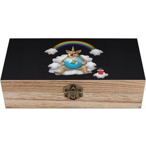 Beige hond eenhoorn zit op de wolk houten kist met deksel opbergdozen organiseren sieraden doos decoratieve dozen voor vrouwen mannen