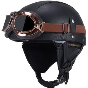 Duitse Stijl Lederen Half Gezicht Helm met Stofbril ECE/DOT Goedgekeurde Retro Motorfiets Helm Scooter Helm Brommerhelm Street Bike Helm Unisex voor Cruiser Chopper Black,L