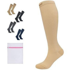 360 Relief 1 Paar Compressiesokken Dammes en Herren - Effen Kleuren Compressiekousen voor Sport, Hardlopen, Vliegen, Reizen, Joggen, Fietsen, Werk - Beige S/M Kniehoge sokken met Mesh Waszakje