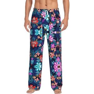 Dexnel Bloemen Blauwe Zachte Pyjama Broek Voor Mannen,Klassieke Slaapbroek Comfortabel, Polyester Pyjama Broek Met Zakken, Wit, S