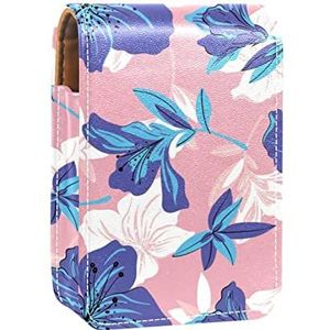 Lippenstift Hoesje met Spiegel Paars Wit Pastel Bloem Patroon Roze Lip Glans Houder Draagbare Lippenstift Opbergdoos Reizen Make-up Tas Mini Lederen Cosmetische Pouch Houdt 3 Lippenstift