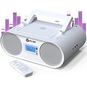 KLIM Boombox B4 met CD-speler + AM/FM, MP3, Bluetooth, AUX, USB, draagbaar met draadloze modus en oplaadbare accu + afstandsbediening, autoslaap, digitale EQ - wit