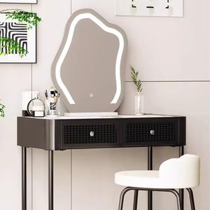 Kaptafel, Kaptafel Met Laden Make-up Make-uptafel Met Spiegel Helderheid Verstelbaar Met Kruk Eigentijds Metaal(Noir,80cm)