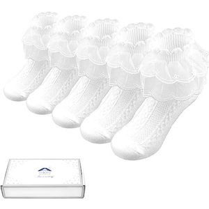 Fassory 5 paar meisjessokken met ruches prinses kanten top katoenen sokken school enkelsokken voor meisjes, Wit, 7-9 Years