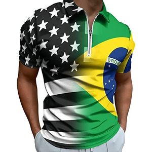 Zwart En Wit USA Braziliaanse Vlag Half Zip-up Polo Shirts Voor Mannen Slim Fit Korte Mouw T-shirt Sneldrogende Golf Tops Tees S