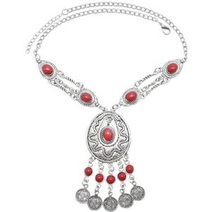 Boheemse Vintage Choker Ketting Kunstmatige Acryl Turquoise Rode Agaat Munt Kwastje Legering Ketting Zigeuner Sieraden (Color : Rood)