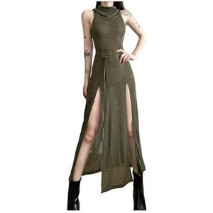 Donkere gotische jurken met capuchon Y2k Punk uitgehold midi-jurk Dames Sexy splitzijde effen streetwear