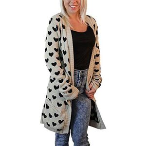 Womens gebreide hart print vest lange mouw dames voorzak lange trui, Steen, 42-44