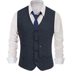 Heren Kostuum Vest Knopen V-hals Wol Tweed Chevrons Silm Fit voor Formele Casual Dagelijks Heren Vest Navy Blauw XL