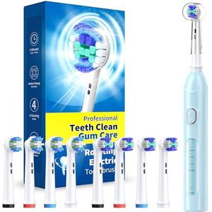 Roterende elektrische tandenborstel voor volwassenen met 8 opzetborstels (2 soorten), 4 modi diepe schone elektrische tandenborstel met oplaadbare voeding en 2 minuten slimme timer blauw