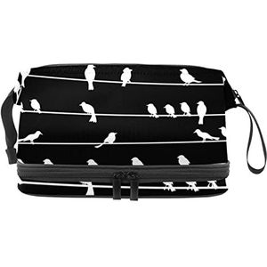 Grote capaciteit reizen cosmetische tas,Vogel op draad zwart, make-up tas,Waterdichte make-up tas organisator, Meerkleurig, 27x15x14 cm/10.6x5.9x5.5 in