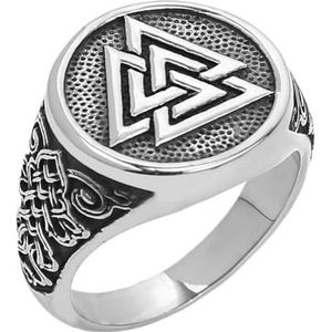 Viking Valknut Ring Voor Heren - Noorse Odin Driehoek Symbool Zegelring Van Roestvrij Staal - Mode Hip Hop Biker Vintage Amulet Keltische Ring Bescherming Sieraden (Color : Silver, Size : 08)