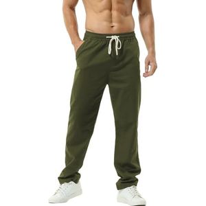 HOEREV Heren Ademende Comfort Linnenbroek - Stylish en Ontspannen Casual Broek voor Dagelijkse Gebruik,Groen,L