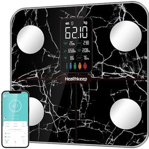 Digitale personenweegschaal, met lichaamsvet en spiermassa, voor 15 lichaamsgegevens, hartslagmeter, voor Apple en Android, zwart marmer