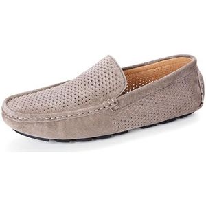 Heren loafers ronde neus suède vamp geperforeerde rijstijl loafer platte hak flexibele comfortabele prom slip-on (Color : Khaki, Size : 43 EU)