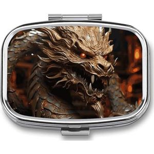 Gouden Draak op Rode Achtergrond Pillendoos 2 Compartimenten Vierkante Pillendoos met Spiegel Metalen Pil Organizer Reizen Pillendoos Mini Geneeskunde Opbergdoos voor Pocket Purse