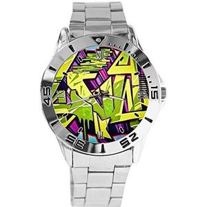Vintage Graffiti Mode Heren Horloges Sport Horloge Voor Vrouwen Casual Rvs Band Analoge Quartz Horloge, Zilver, armband