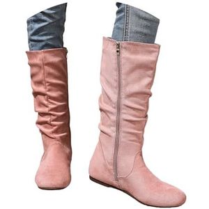 Platte Hoge Laarzen for Dames Retro Middeleeuwse Laarzen Met Lange Schacht Suède Rijlaarzen Met Rits Aan De Zijkant Grote Maten Winterschoenen for Cosplay/Feesten(Pink,42 EU)