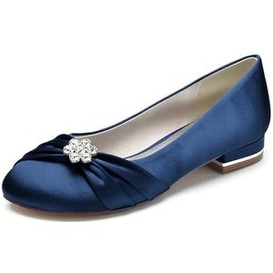 Vrouwen Ivoor Bruids Flats Slip on Satijnen Ballet Pumps Gesloten Teen Bruiloft Prom Schoenen,Marine,36 EU