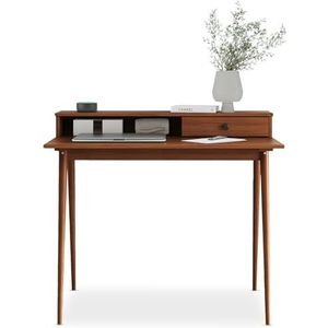IDIMEX Bureau Malina kastanjekleurig, bureautafel van massief grenen met conische poten in Scandinavische stijl, tafel met opzetstuk en lade in scandi-look van grenenhout