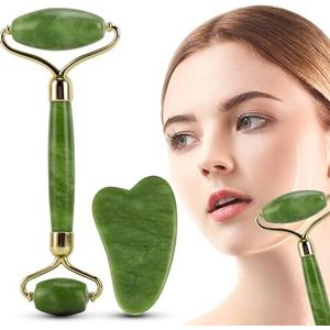 Jade Roller en Gua Sha Massager Tools, Jiasoval Anti-Aging Face Roller Massage, Facial Roller om rimpels te verminderen, wallen in de ogen, duurzame, geruisloze stenen massager kit voor gezicht, nek,